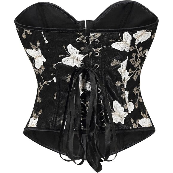Women Black Floral  Lace Up Boned Overbust Corset Top Bustier Lingerie Bodysuit - Picture 5 of 6